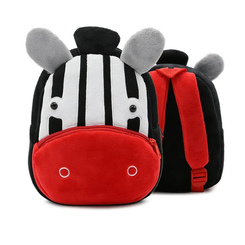 Soft plush children's backpack in cartoon animal design, shown with zipper open, dimensions 26cm by 24cm.