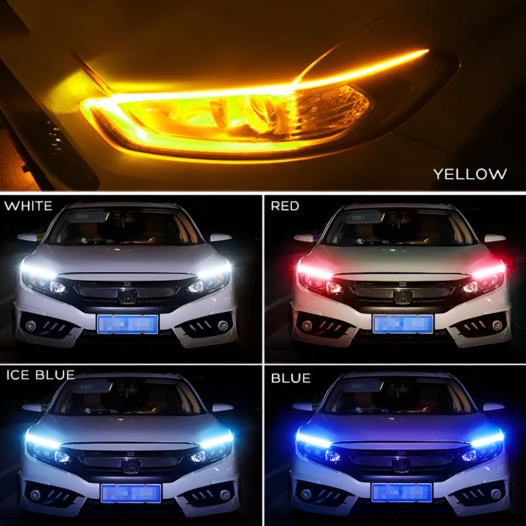 Flexible silicone car LED strip light showing daytime running light and flowing turn signal function in blue to yellow colour.