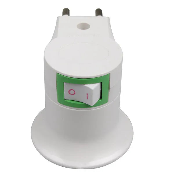 White bakelite wall plug-in E27 lamp holder with switch, showing AU, EU and US plug adapters.