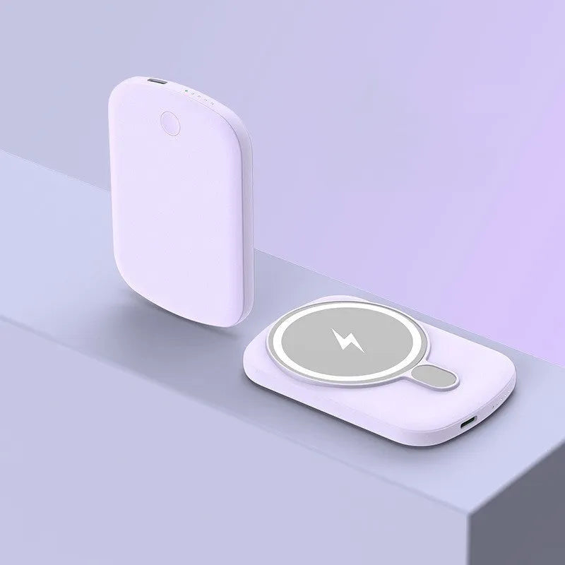 Magsafe magnetic wireless power bank in four colours showing front view with dimensions