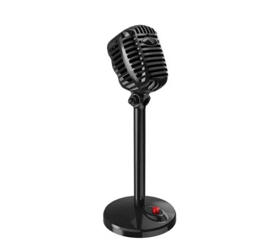 Black USB computer microphone with adjustable stand on desktop for recording