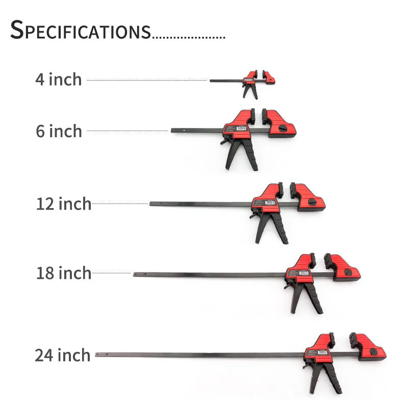 Black plastic woodworking clamp with quick-adjust key and soft rubber protective jaws.