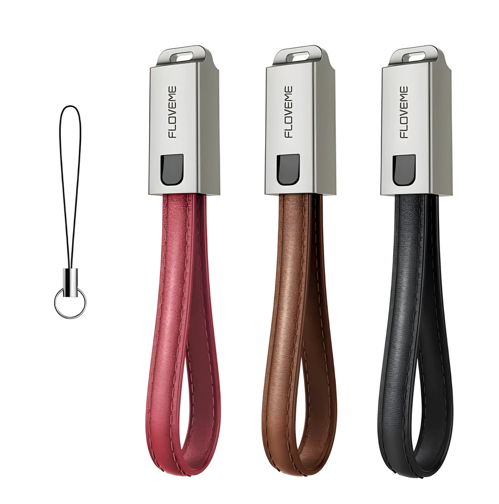 Short 20cm leather-finish USB charging cable with Apple Lightning connector in three colour options