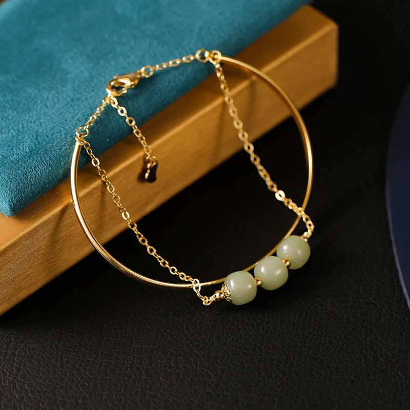 Women's Hetian jade lucky beads bracelet with gold inlay treatment in single, double, and three beads versions