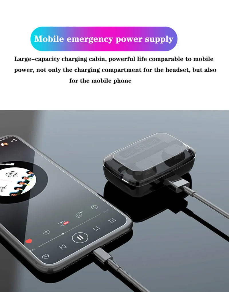 Black M11 wireless Bluetooth in-ear headphones with a digital display charging case.