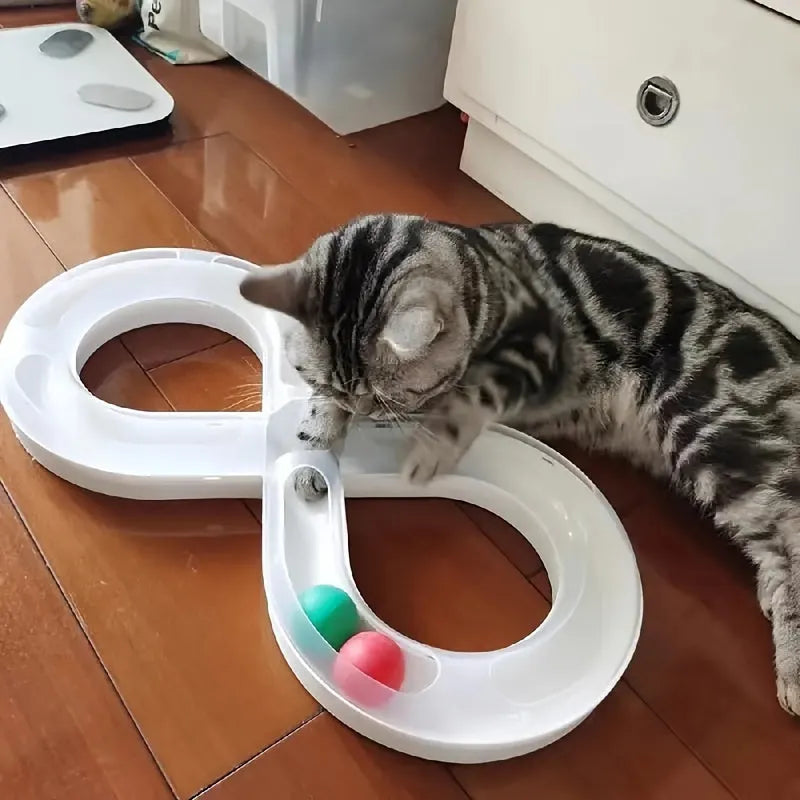 Blue interactive cat toy with turntable track ball system and teasing stick for self-play and owner interaction