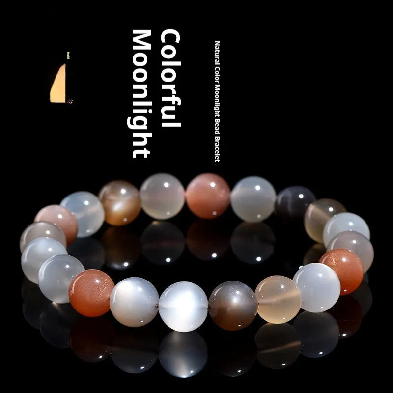 Natural moonstone bracelet with 8mm beads in colourful moon light colour variation