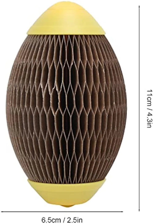 Ellipse-shaped corrugated paper catnip ball scratch toy for cats on a plain background