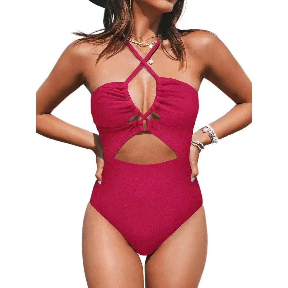 Women's backless one-piece swimsuit in waterproof polyester fabric with spandex lining