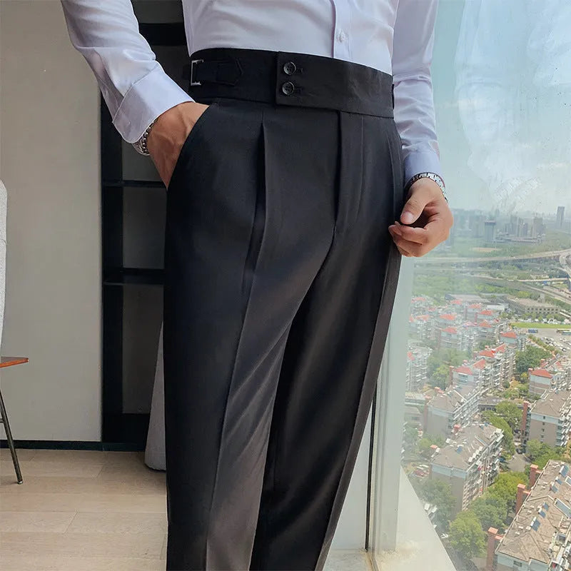 Men's straight leg casual trousers in solid colours including black and grey on a hanger.