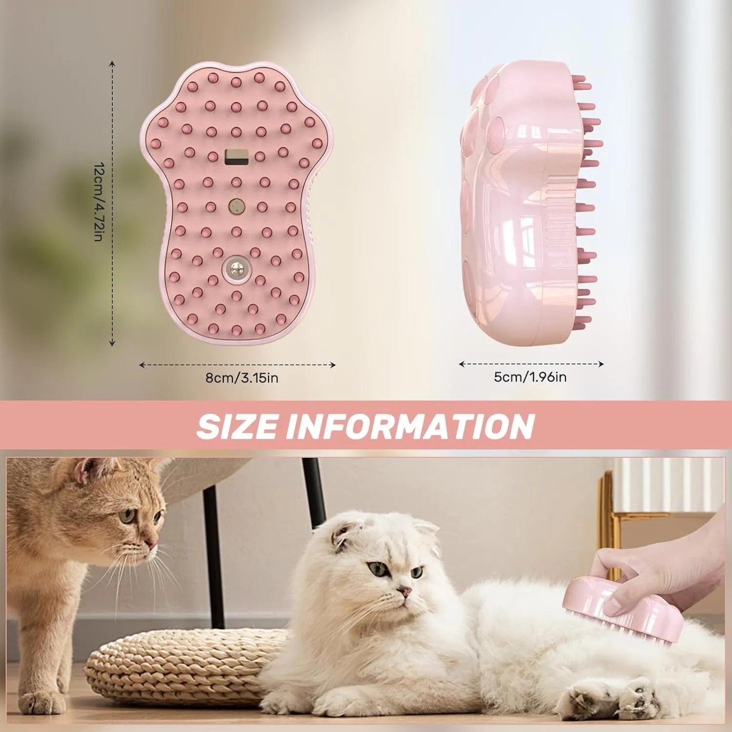 Blue self-cleaning pet steam brush with silicone bristles and spray function.