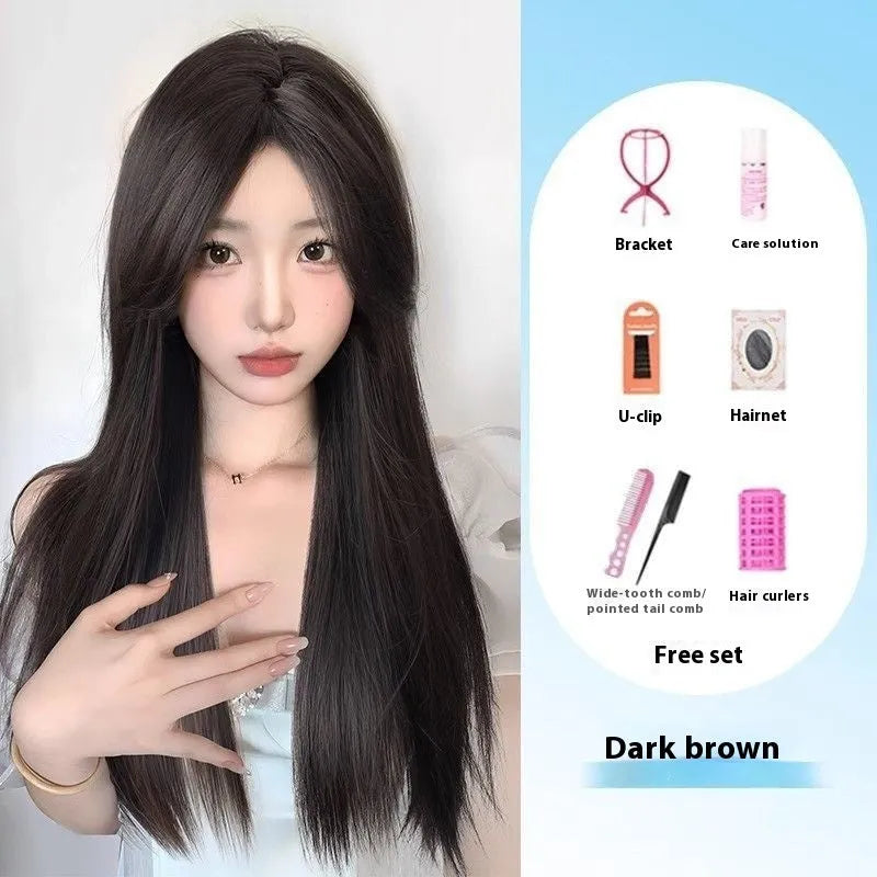 Forehead lace long straight black wig with side bangs in high temperature fibre material