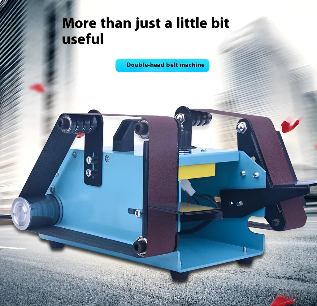 Blue desktop dual-axis belt sander with variable speed control for knife sharpening and polishing