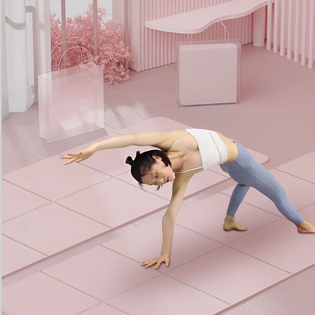 Purple foldable TPE exercise mat shown unfolded and folded, with non-slip texture visible.