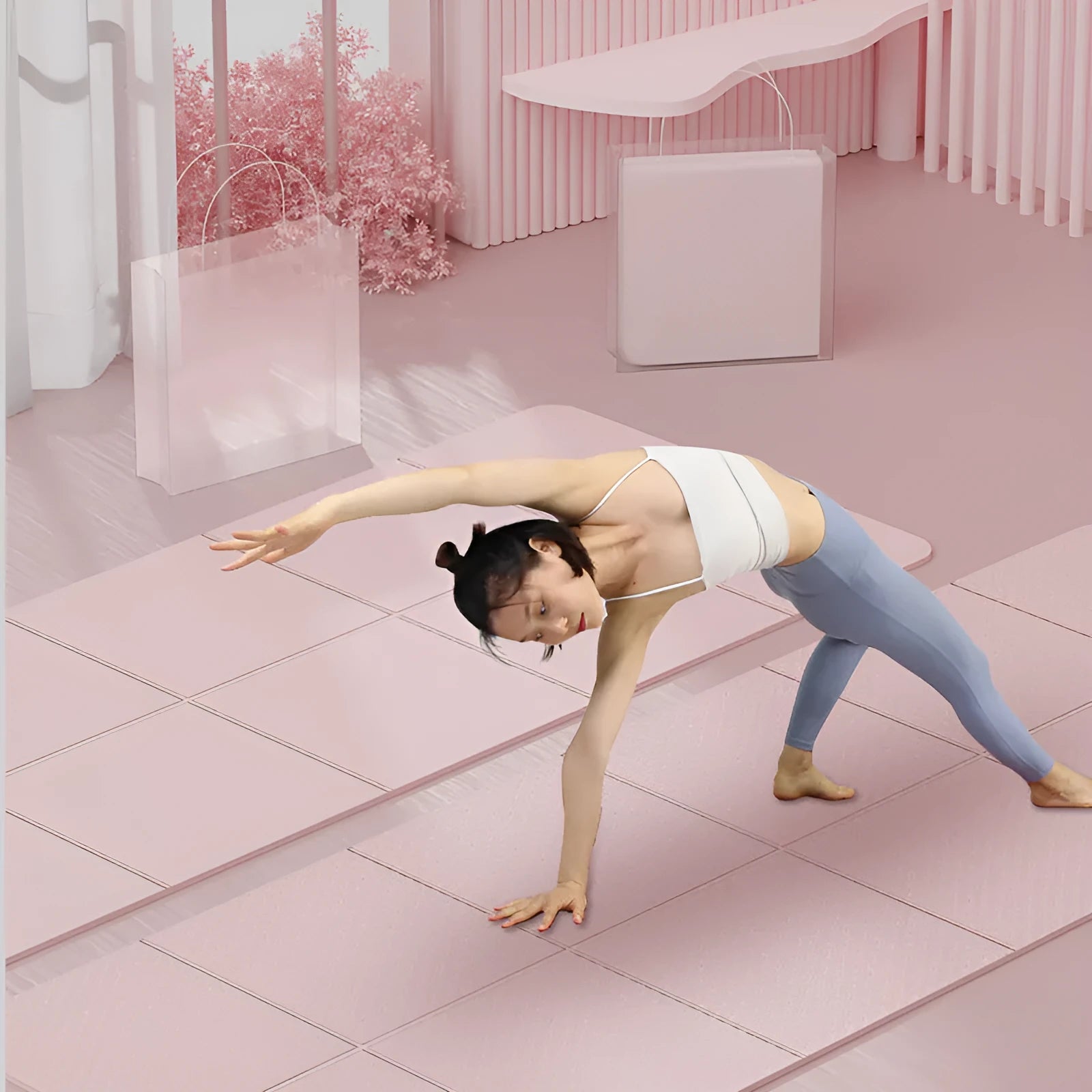 Purple foldable TPE exercise mat shown unfolded and folded, with non-slip texture visible.