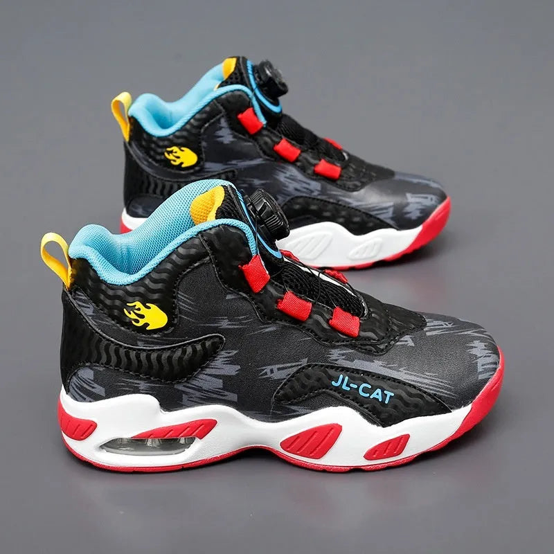 Children's basketball shoes with rotating button fastening in multiple colour options