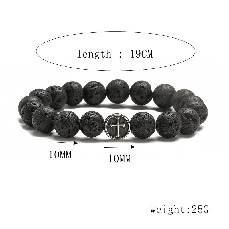 Geometric volcanic rock agate bracelet with stainless steel finish, showing 10mm beads.