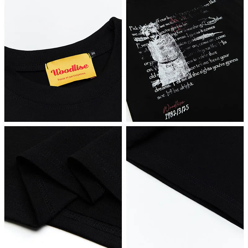 Men's black hip hop style cotton t-shirt with printed letters design and loose fit