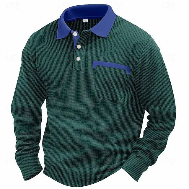 Man wearing a long-sleeved waffle-textured polo shirt in a loose fit with an asymmetric design detail.