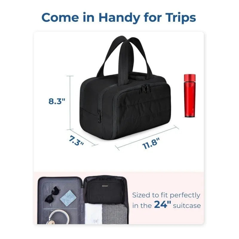 Large travel toiletry bag in lightweight polyester with wide opening, shown in available colours
