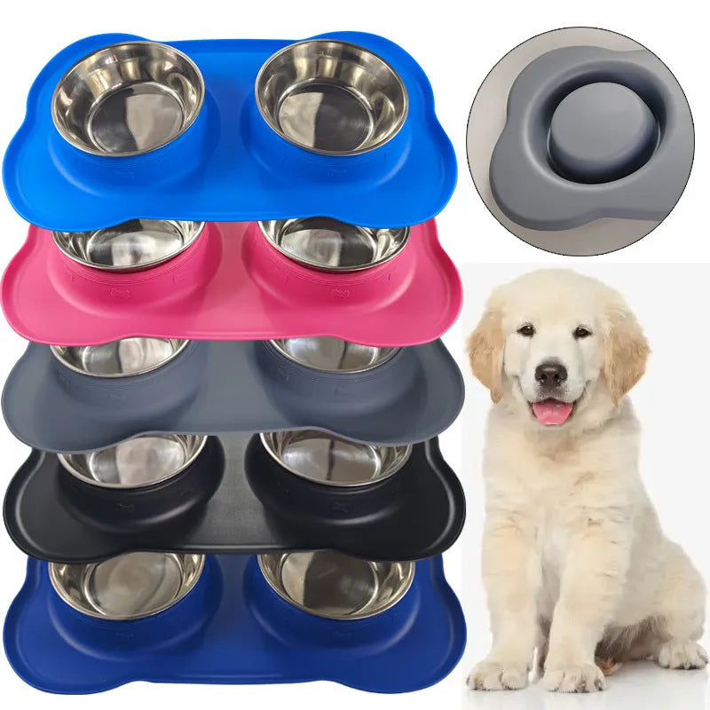 Large silicone double dog bowl with stainless steel base in choice of five colours