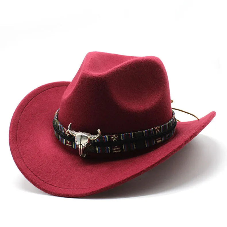 Western cowboy hat with bell crown in polyester fabric, shown in multiple colour options including army green, black and wine red