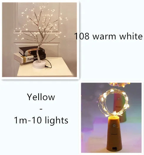 Silver wire LED string lights coiled around wine bottle with illuminated bulbs and bottle stopper fitting