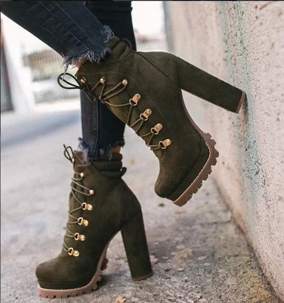 Women's suede ankle boots with thick high heels, round toe, and buckle details in army green