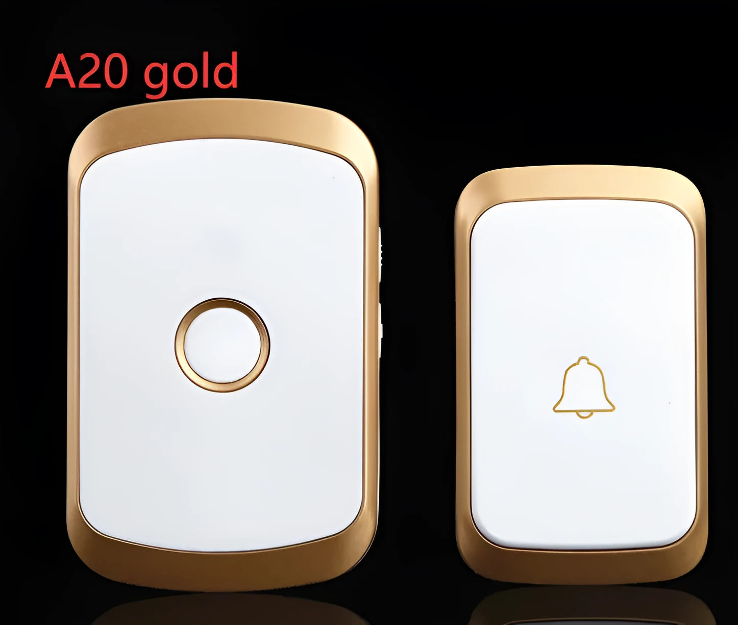 Wireless doorbell receiver plugged into a wall socket next to a battery-powered transmitter unit.