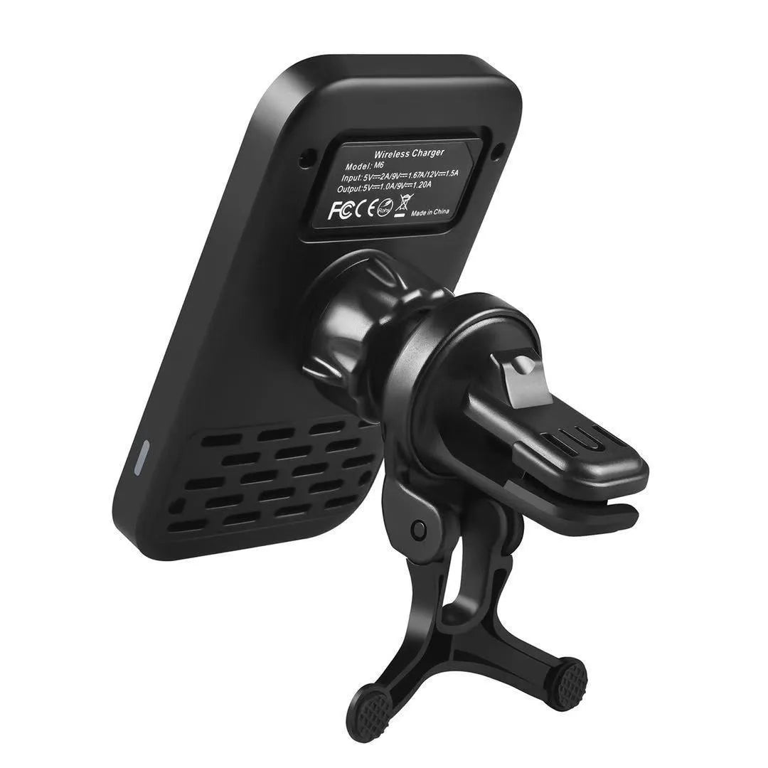 Black M6 magnetic wireless car phone charger mounted on a car air vent.