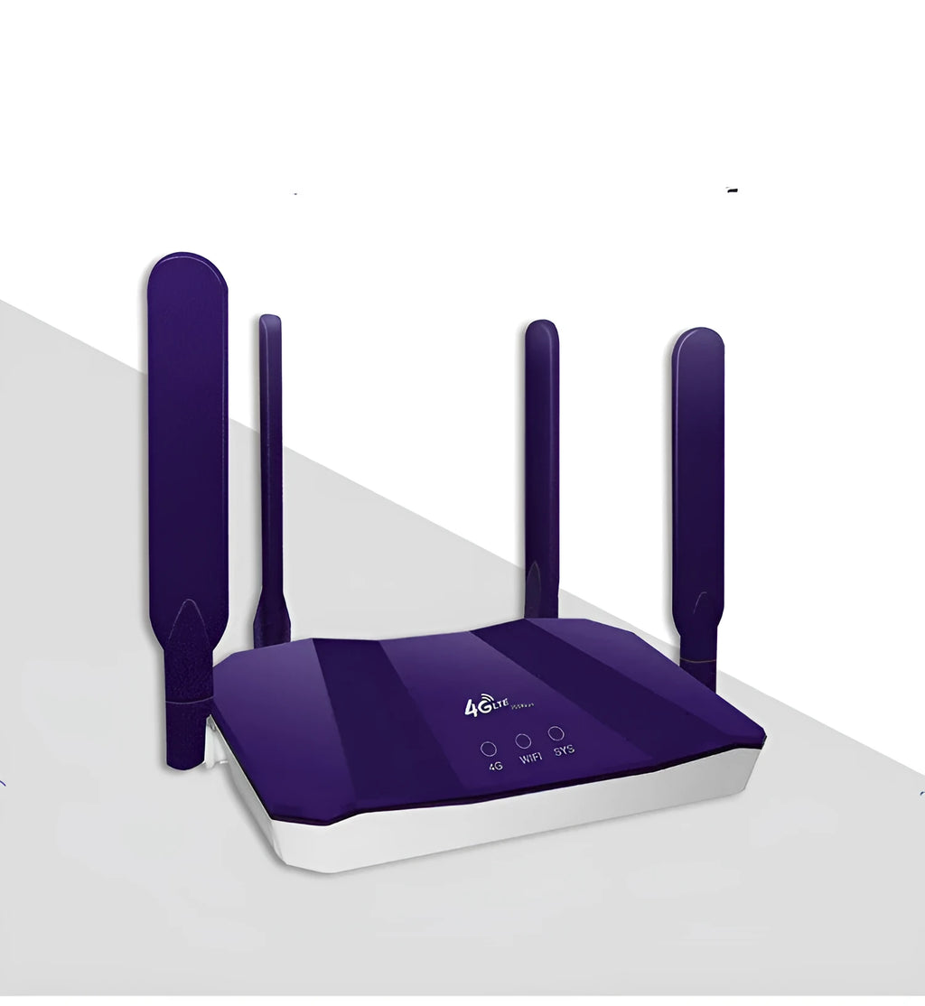 Blue 4G dual-mode wireless and wired router with four external antennas.