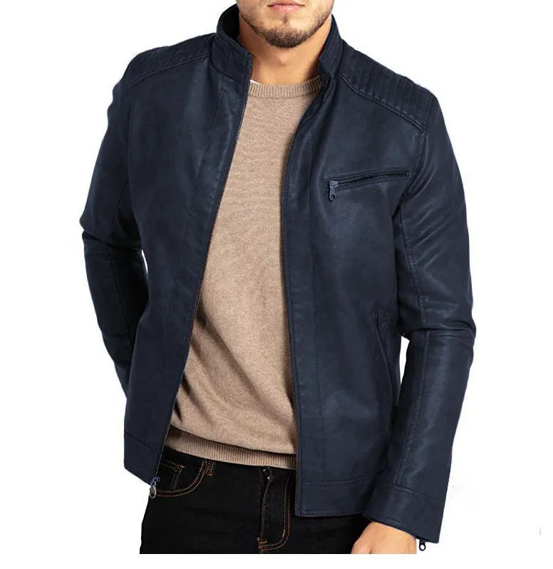 Men's brown punk-style artificial leather motorcycle jacket with a stand collar and patch pockets.