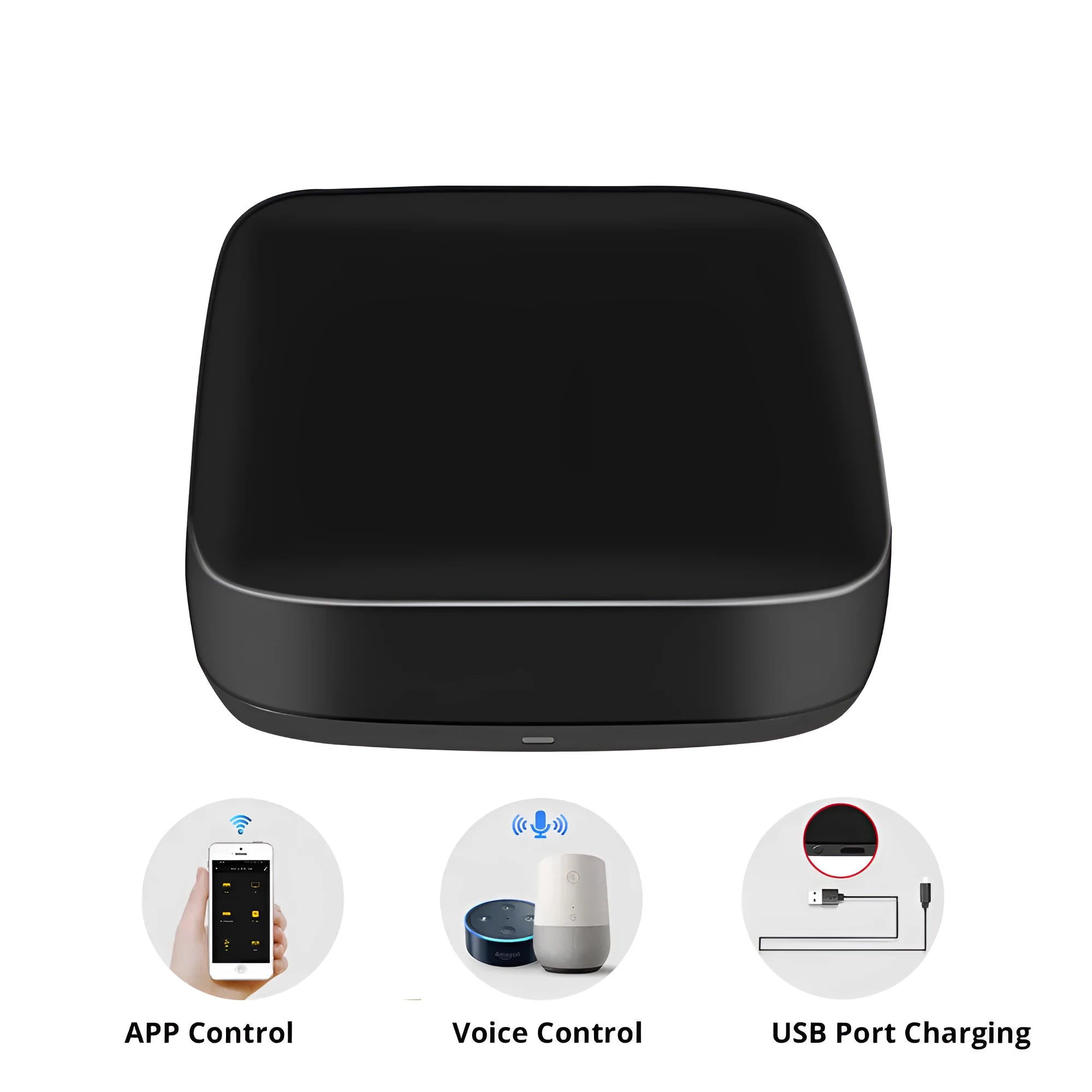 Black voice control universal infrared remote control with WiFi connectivity for home automation