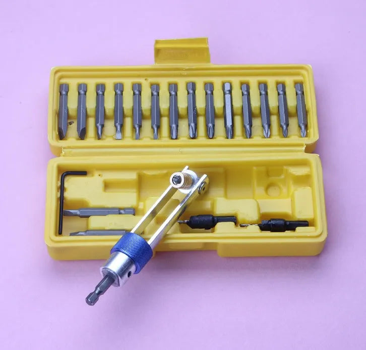 Half Time Drill driver attachment with swivel head and set of 18 Phillips, flathead, and countersink bits.