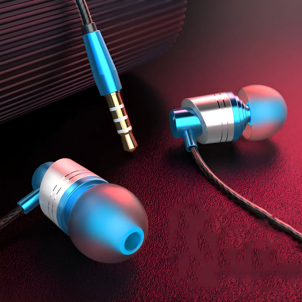 Black, blue, and red in-ear wired headphones with 3.5mm plug, TPE cable, and in-line microphone