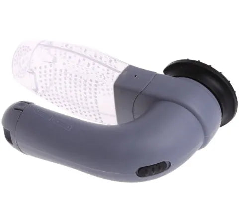 Gray portable electric pet hair remover with soft rubber head and collection canister.