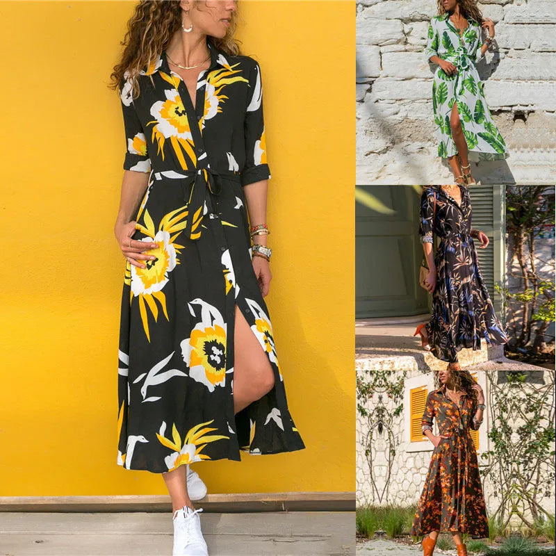 V-neck chiffon dress with high waist and printed pattern, shown in black colour.