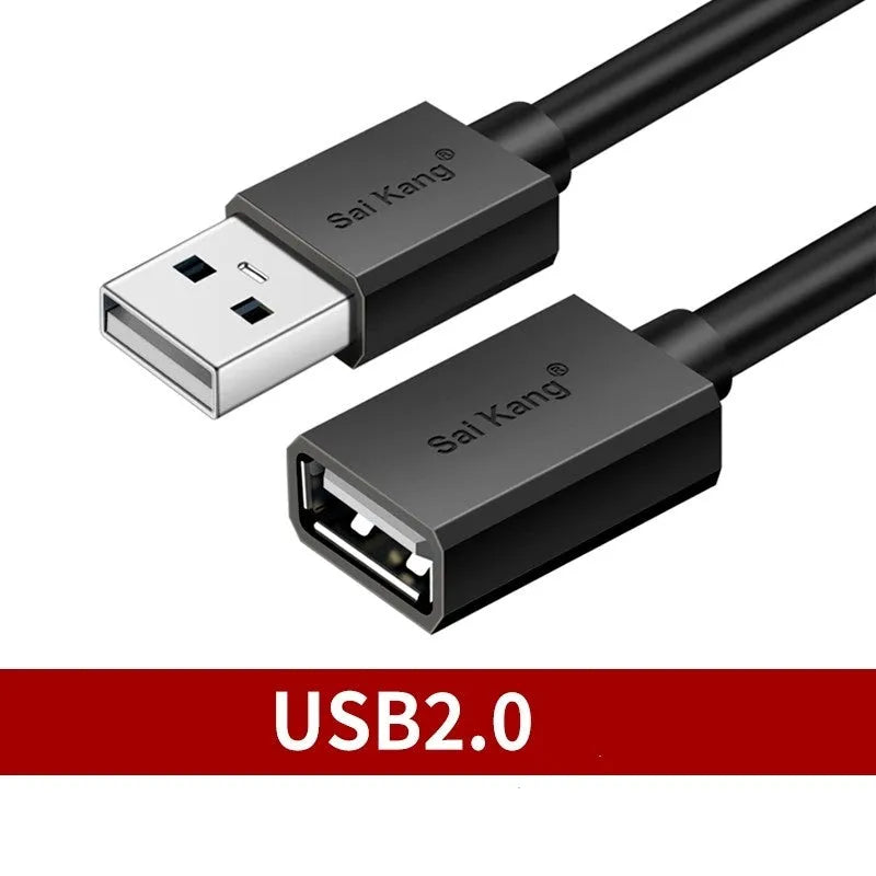 Black USB extension cable showing male and female connectors with length options from 1 to 5 metres