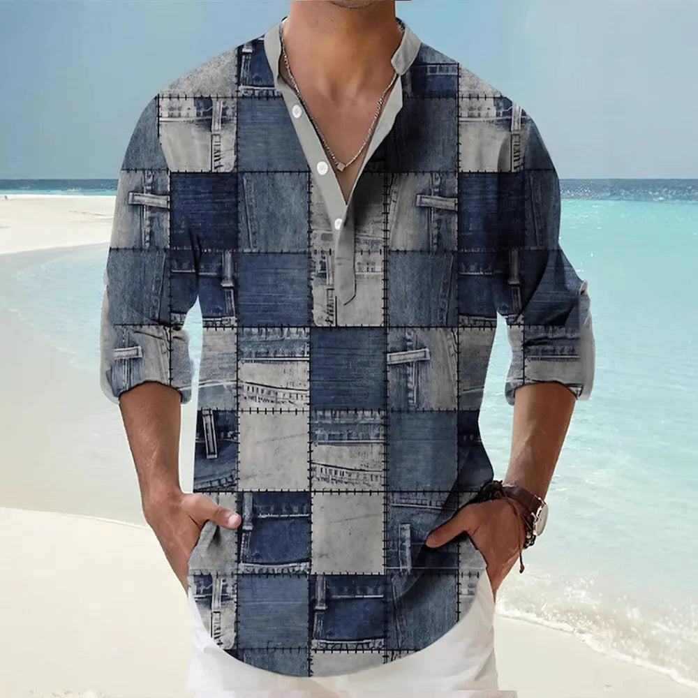 Thin casual Hawaiian-style shirt with digital bamboo linen stripes and long sleeves