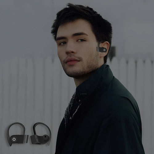 Black wireless Bluetooth earphones with ergonomic in-ear design and LED indicator light.