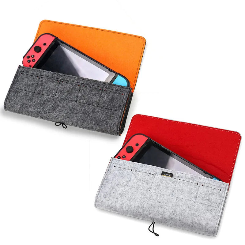 Black Nintendo Switch felt pouch showing game card slots and double storage compartments