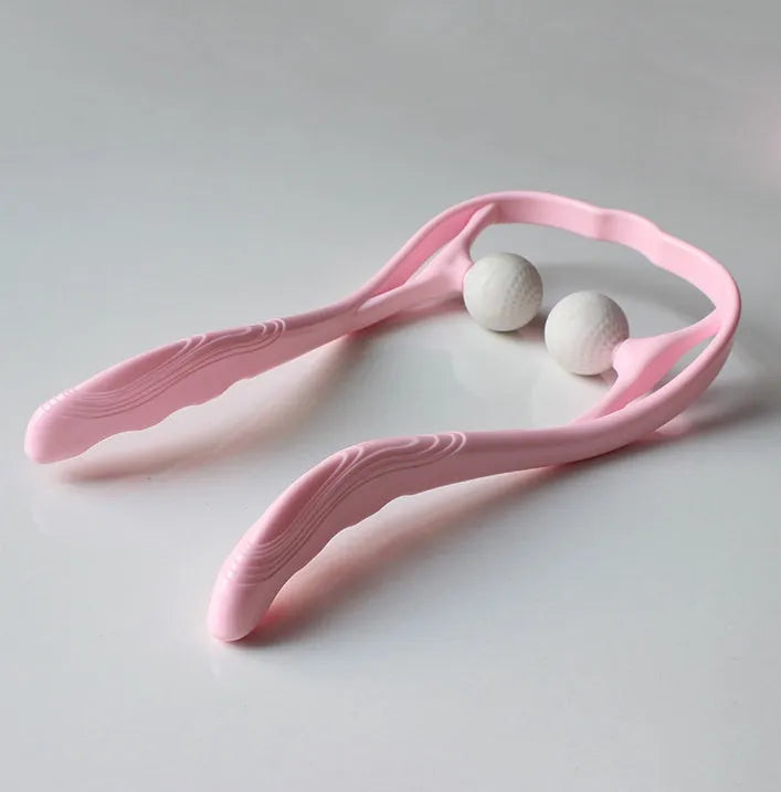 Plastic handheld neck and shoulder massager with adjustable width and roller head in pink, blue, and green colours.