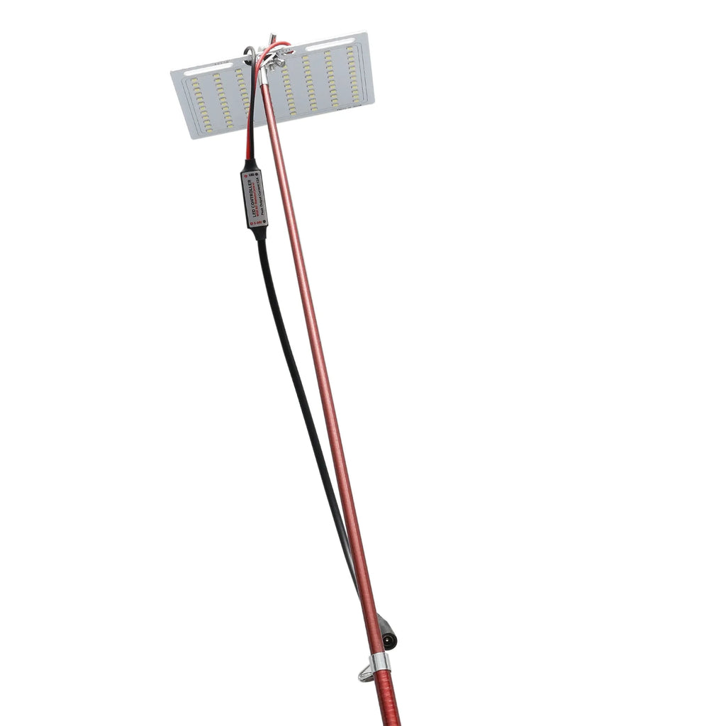 White LED fishing rod light with telescopic pole extended, showing remote control