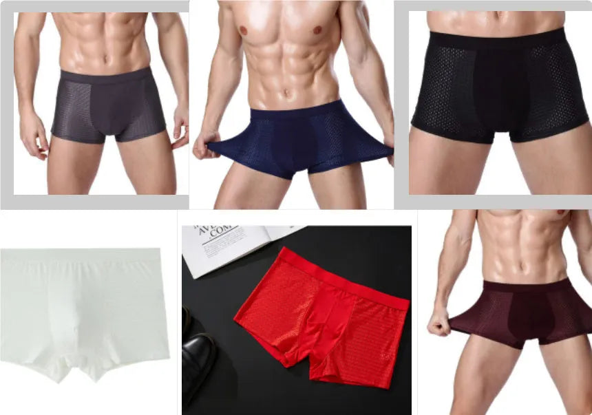 Men's ice silk modal boxer briefs with U-convex design in multiple colours on white background