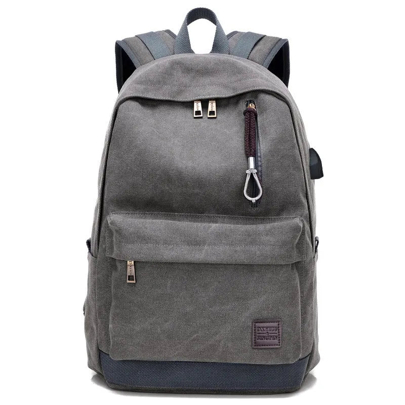 Canvas backpack with USB charging port shown in khaki colour