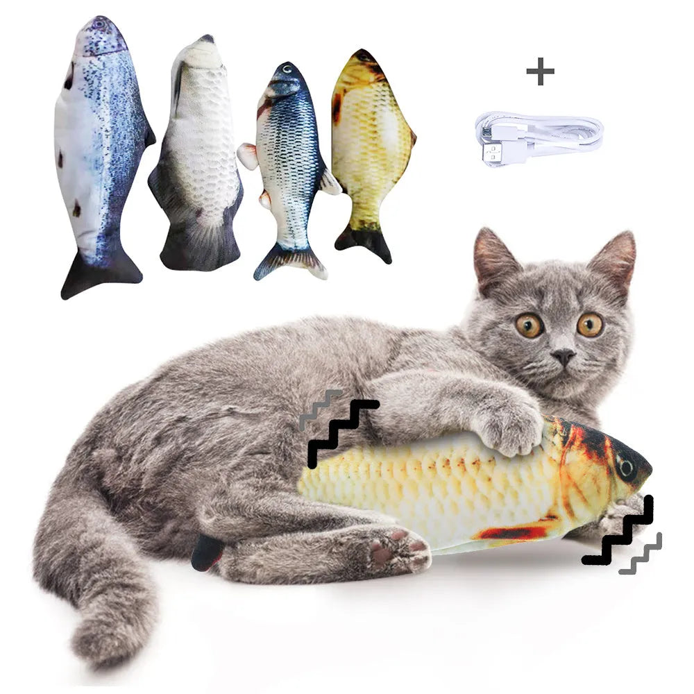 Electric jumping fish simulation cat toy showing multicolor options and USB charging cable.