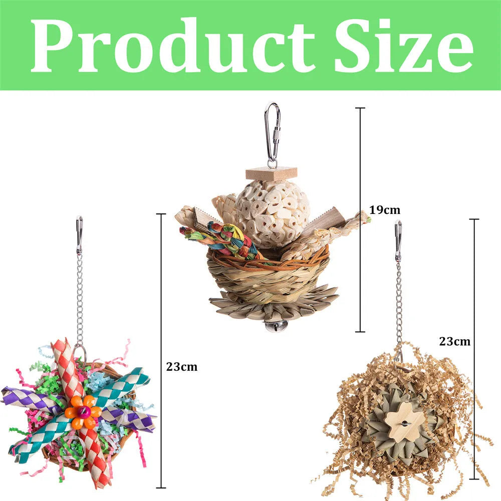 Parrot chewing toy with colourful plastic components and metal hanging chain for cage attachment
