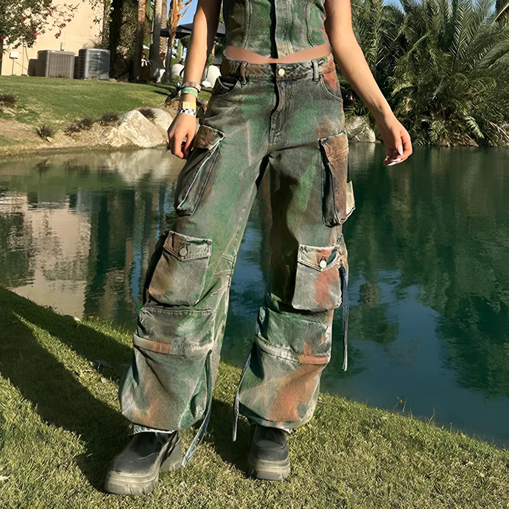 Loose fit cargo denim trousers with multiple gradient colour pockets and collage stitching details