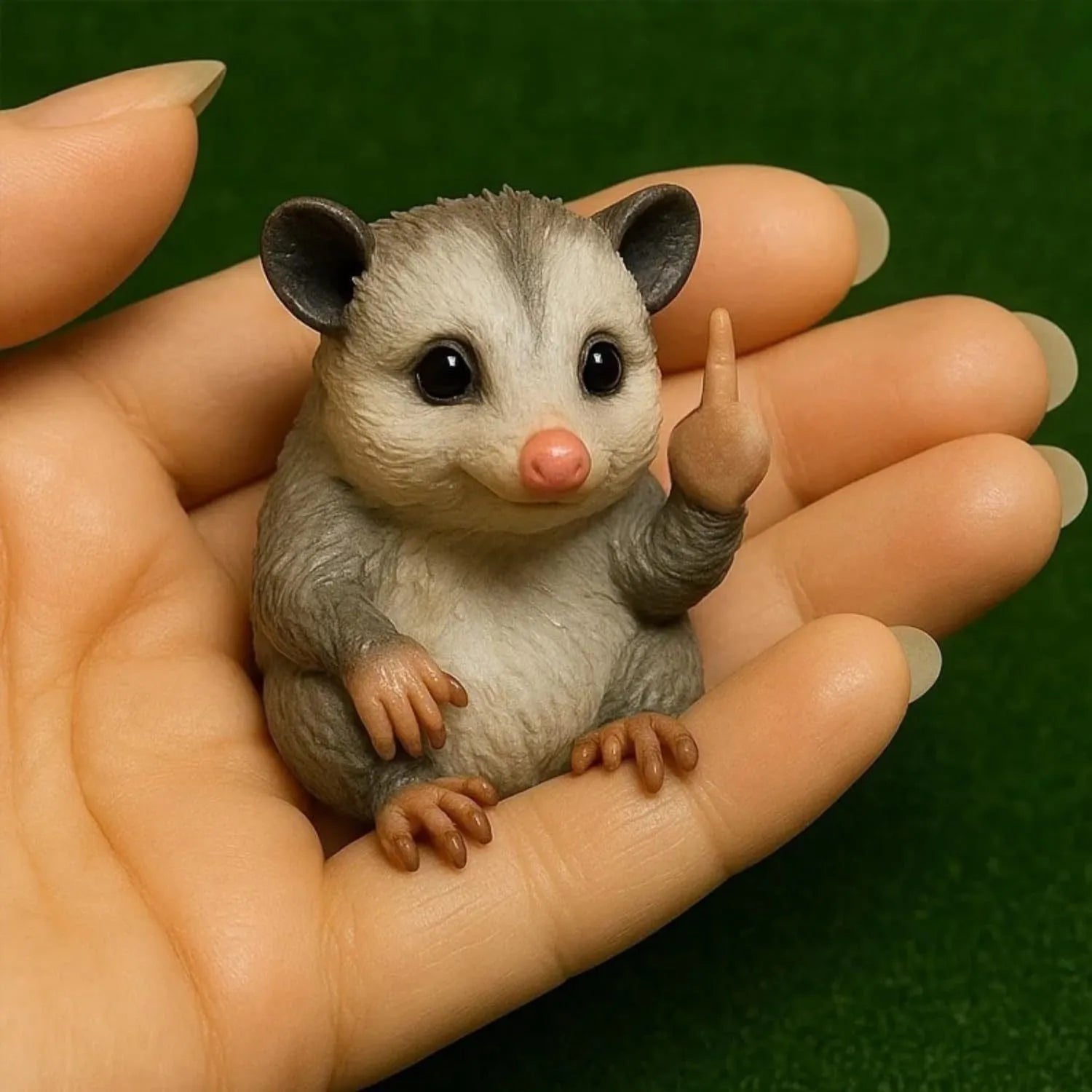 Mini resin animal doll in a middle finger pose, showing options for cat, dog, elephant, frog, Highland cattle, mouse, and turtle styles.