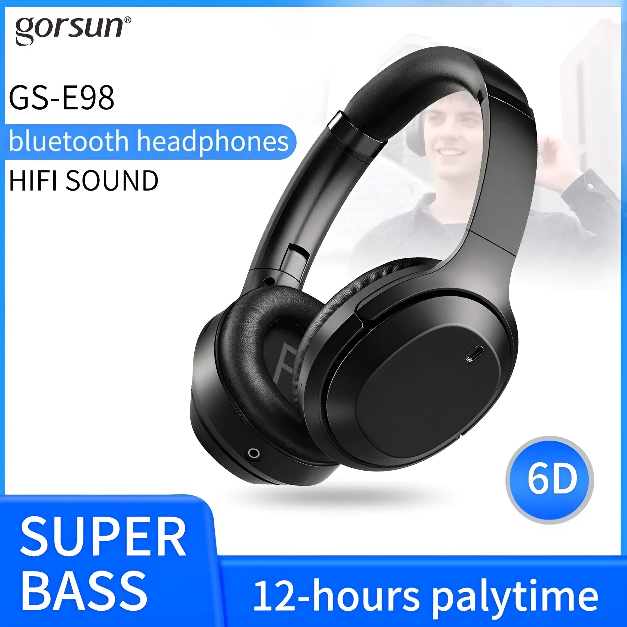 Black Gorsun E98 Bluetooth 5.0 over-ear wireless headset with stainless steel slider and memory protein ear cushions